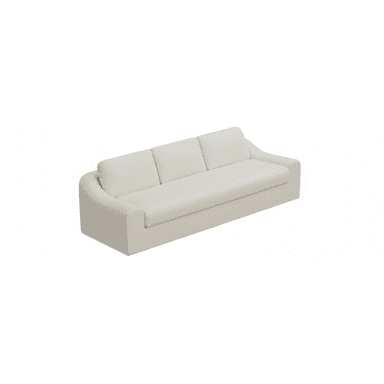A modern three-seater sofa upholstered in a light-colored fabric. It features clean lines, track arms, and separate back and seat cushions. The base is fully upholstered, concealing any legs, giving it a low-profile, contemporary appearance. — 3D model (AI enhanced source)