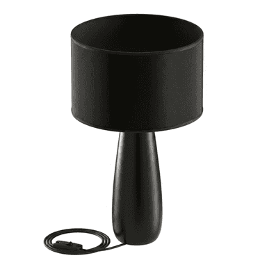 A modern table lamp featuring a cylindrical black fabric drum shade atop a sleek, tapered base made of black wood. The lamp is connected to a black electrical cord with an inline switch. — 3D model (AI enhanced source)