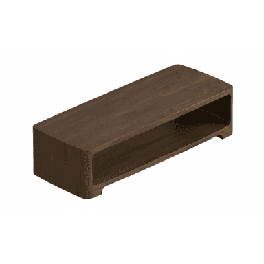 A modern low-profile media console constructed from dark wood or wood-veneered material, featuring smoothly rounded corners and edges, and a single open compartment for media storage. It has an integrated recessed base. — 3D model (AI enhanced source)