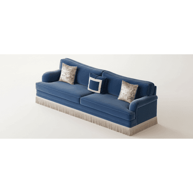 A luxurious three-seater sofa upholstered in deep blue velvet, featuring a distinctive gently curved back, rolled armrests, and an elaborate fringe skirting its base. It is accessorized with three decorative accent pillows. — 3D model (AI enhanced source)
