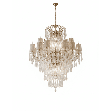 A large, ornate multi-tiered crystal chandelier featuring a gilded metal frame, numerous cascading crystal prisms, and multiple small, conical fabric shades over individual light sources. The fixture is suspended by a chain from a ceiling canopy. Its design emphasizes classical opulence and grandeur, with intricate metalwork supporting the layered structure of lights and decorative crystal elements. — 3D model (AI enhanced source)