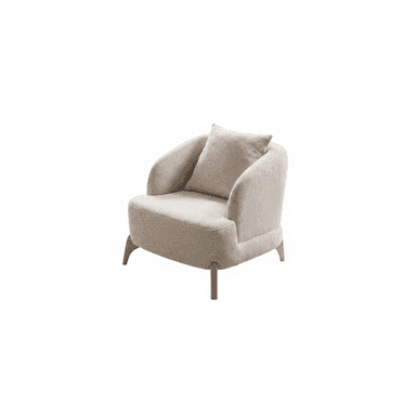 An upholstered armchair with a curved backrest and armrests, featuring a loose back cushion and supported by four tapered, splayed metal legs. — 3D model (AI enhanced source)