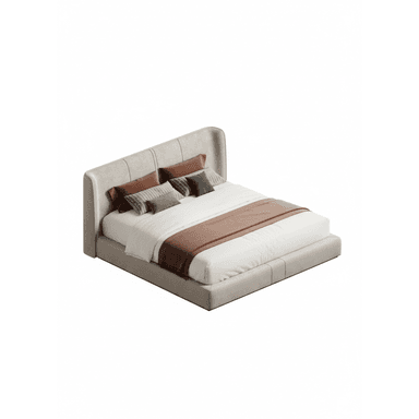 A modern upholstered platform bed featuring a low-profile frame and a channel-tufted headboard, all covered in a light beige or greige fabric. The bed is presented with white bedding and accent pillows in various shades of brown and grey. — 3D model (AI enhanced source)