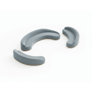 Three individual curved modular seating units, upholstered in a blue-grey fabric with a low-profile wooden base. These armless units are designed to be arranged in various configurations to form a sectional sofa or flexible seating arrangements. Each unit features a high backrest that gradually curves down to the seating surface. — 3D model (AI enhanced source)