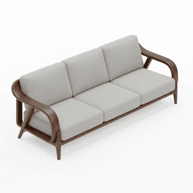 A three-seater sofa featuring a distinctive exposed wooden frame with gracefully curved armrests and tapered legs. The upholstery consists of three light grey fabric seat cushions and three matching back cushions, providing a clean and inviting appearance. The rich, dark wood grain of the frame contrasts elegantly with the light fabric. — 3D model (AI enhanced source)