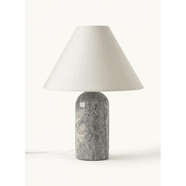 A modern table lamp featuring a cylindrical base constructed from grey marble with white veining, topped by a subtly rounded dome. It is paired with a conical off-white fabric lampshade, designed to diffuse light softly. — 3D model (AI enhanced source)