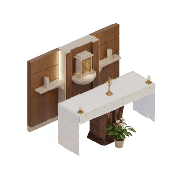 A modern ecclesiastical altar ensemble is presented, featuring a central altar table draped with a decorative fabric. Behind the table, a wooden wall panel incorporates vertical integrated lighting and several light-colored stone shelves. A prominent tabernacle-like structure, with a golden door and stone housing, is centrally positioned on a curved shelf within the wall panel. The altar table itself is adorned with a golden crucifix and two small candles, while a potted plant sits at its base. — 3D model (AI enhanced source)
