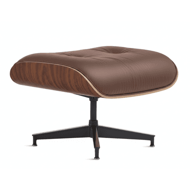 A classic Mid-Century Modern ottoman featuring a molded plywood shell, rich brown leather upholstery with a tufted button, and a four-star black aluminum swivel base. — 3D model (AI enhanced source)