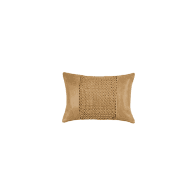 A rectangular decorative pillow, often referred to as a lumbar pillow, featuring a central panel of intricately woven material, likely rattan or jute, framed by smooth, light tan leather on the sides. The pillow has a structured, rectangular shape. — 3D model (AI enhanced source)