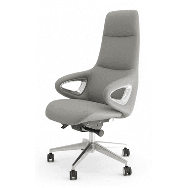 A modern high-back executive office chair upholstered in a light grey material, likely leather or faux leather. It features a contoured backrest and seat, integrated armrests with distinctive polished metal cutouts, and a five-star polished aluminum or chrome swivel base equipped with caster wheels. The chair appears to have adjustable mechanisms for height and tilt located beneath the seat. — 3D model (AI enhanced source)