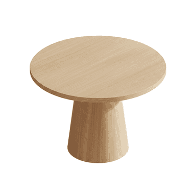 A minimalist round table made of light-toned wood, featuring a thick, conical pedestal base. — 3D model (AI enhanced source)