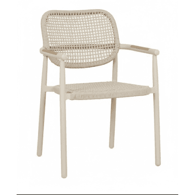 A modern armchair designed for both indoor and outdoor use, featuring a robust, off-white metal frame and intricately woven rope for the seat and backrest. The armrests include small, light-colored wooden inserts for an ergonomic touch and aesthetic contrast. — 3D model (AI enhanced source)