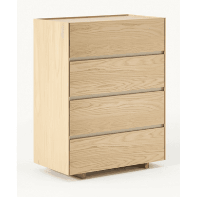 A modern, minimalist chest of drawers featuring four full-width, handle-less drawers, constructed from light-toned wood with a visible grain, resting on a recessed plinth base. — 3D model (AI enhanced source)