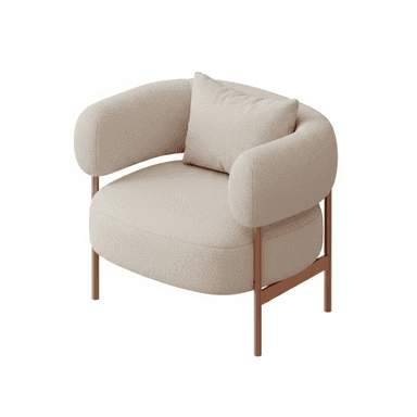 A single-seater upholstered chair featuring a curved back and integrated armrests, supported by an exposed, minimalist metal frame. It includes a separate back cushion and is covered in a soft, textured fabric in a light, neutral color. — 3D model (AI enhanced source)