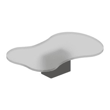 A low coffee table featuring an organically shaped, frosted translucent top surface supported by a dark, minimalist rectangular block base. — 3D model (AI enhanced source)