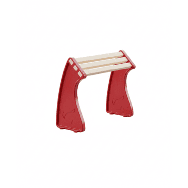 A small, low bench designed with curved red side supports and a light-colored slatted top surface. The red side panels feature an embossed or etched design, possibly an animal motif, and have a slight outward curve at the base for stability. The top consists of three horizontal slats, suggesting child-friendly use. — 3D model (AI enhanced source)