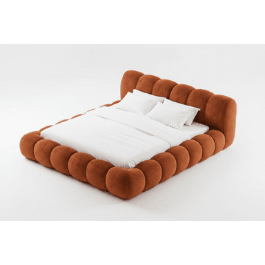 A contemporary platform bed featuring a distinctive design. The headboard and perimeter frame are composed of large, rounded, sausage-like upholstered segments in a warm rust-orange or terracotta fabric. The bed includes white bedding and pillows, presenting a soft, sculptural, and inviting aesthetic. — 3D model (AI enhanced source)