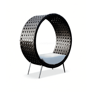 A circular lounge chair featuring a dark, tightly woven synthetic rattan frame, supported by four slender metallic legs. It includes a fitted white cushion for seating within its open, ring-like structure. — 3D model (AI enhanced source)