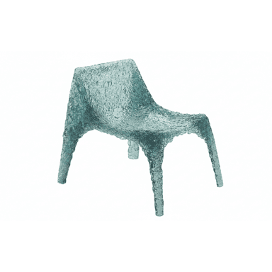 A contemporary lounge chair featuring a unique translucent, textured surface that evokes the appearance of crushed ice or sculpted glass. The chair exhibits a wide, gently reclined seat and backrest, supported by four robust, molded legs, all formed from a single continuous piece of material. — 3D model (AI enhanced source)
