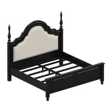 A traditional-style bed frame featuring a black wooden structure and a cream-colored upholstered headboard. The headboard has a distinctive scalloped top edge, secured with decorative nailhead trim, and is flanked by tall, turned posts with finials. The footboard is solid with recessed panels and rests on turned feet, matching the black finish of the frame. Internal slats provide mattress support. — 3D model (AI enhanced source)