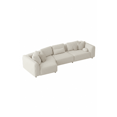 A modern, modular L-shaped sectional sofa upholstered in a light, neutral-toned fabric. It features a minimalist design with soft, rounded edges, low-profile wooden feet, and includes several loose throw pillows for added comfort and style. The sofa is composed of multiple configurable sections. — 3D model (AI enhanced source)