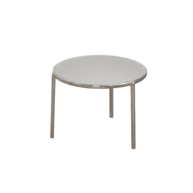 A modern circular accent table featuring a mirrored glass top and a minimalist three-leg chrome metal frame. The table has a clean, reflective aesthetic. — 3D model (AI enhanced source)