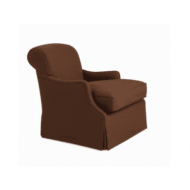 A fully upholstered armchair featuring a dark brown, textured fabric. The chair has a traditional design with rolled arms, a rounded backrest, and a skirted base that conceals the legs. It includes a single, removable seat cushion. — 3D model (AI enhanced source)