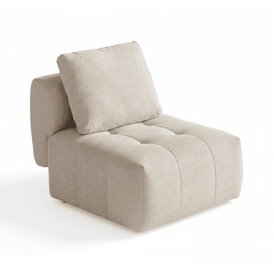 A light-colored, upholstered, single-seat modular lounge chair featuring a low back and a loose back cushion. The seat surface includes vertical channel tufting, and the overall form is contemporary and armless, designed for comfortable seating. — 3D model (AI enhanced source)