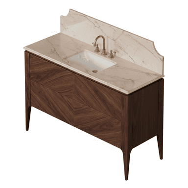 A contemporary bathroom vanity featuring a dark walnut wood cabinet, a light marble countertop with an integrated undermount sink, and a decorative marble backsplash. The cabinet displays a distinct chevron wood grain pattern on its two drawer fronts and stands on four tapered, splayed legs. A three-piece brass faucet set completes the unit. — 3D model (AI enhanced source)
