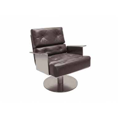 A modern armchair featuring a swiveling base. The seat and backrest are upholstered in dark brown leather with a textured, possibly embossed, finish that resembles crocodile skin. The upholstery is tufted with visible buttons. The armrests are integrated with the frame, which is constructed from brushed metal, offering a metallic contrast to the leather. The base is a circular, flat metal pedestal, suggesting a swivel mechanism for rotation. The overall design presents a blend of comfort and industrial aesthetic. — 3D model (AI enhanced source)