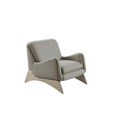 A light gray upholstered armchair with a modern, sculptural wooden base. The chair features curved, padded armrests and a comfortable, slightly reclined backrest. The base consists of two angled, blonde-wood elements that provide support and add a distinctive design touch. — 3D model (AI enhanced source)
