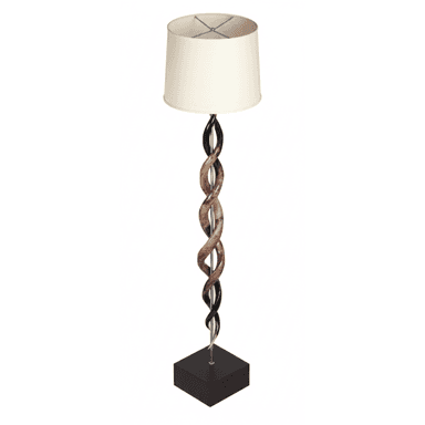 A contemporary floor lamp featuring a sculptural, twisted column base composed of alternating dark and light-colored elements that resemble polished horn or resin, intertwined around a central metallic rod. The base rests on a rectangular dark brown plinth. It is topped with a simple, cylindrical off-white fabric drum shade. — 3D model (AI enhanced source)