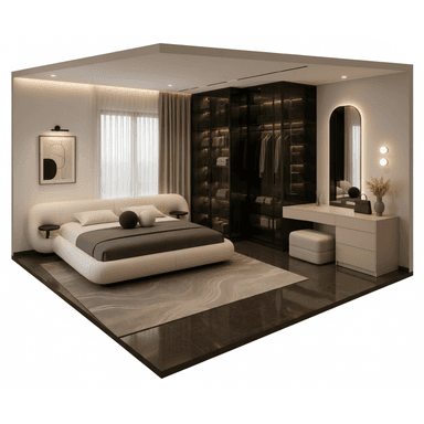 A modern upholstered platform bed featuring a generously padded, curved headboard that seamlessly integrates small, circular side tables on either side. The entire frame is upholstered in a light, neutral fabric, suggesting a contemporary and comfortable design. The bed is adorned with dark grey and white bedding, along with decorative spherical pillows. — 3D model (AI enhanced source)