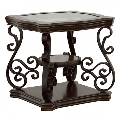 A traditional two-tier accent table featuring a dark wood frame, ornate scrolled metal legs, and a clear glass inset top. A smaller circular wooden shelf is positioned below the main surface, supported by additional metalwork. — 3D model (AI enhanced source)