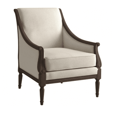 A classic transitional armchair featuring a visible dark wood frame and light-colored fabric upholstery. — 3D model (AI enhanced source)