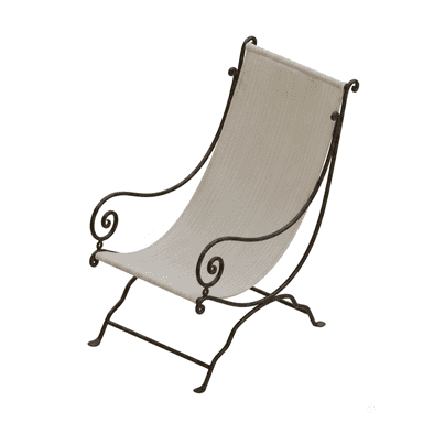 A lounge chair with an ornate wrought iron frame and a light-colored fabric sling seat and back. The metal frame features intricate scrollwork on the armrests and upper back. — 3D model (AI enhanced source)