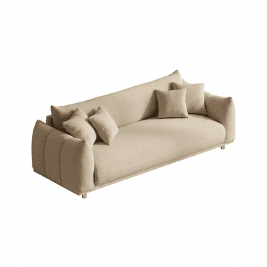 A contemporary three-seater sofa featuring a distinctive asymmetrical backrest and softly rounded, integrated armrests. It is upholstered entirely in a textured bouclé fabric of a light beige or cream color, presenting a plush and inviting appearance. The sofa rests on subtle, low-profile cylindrical metal feet. — 3D model (AI enhanced source)
