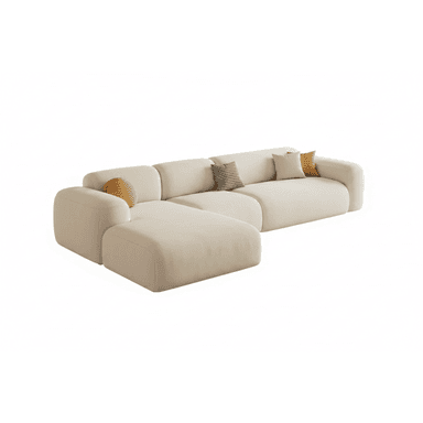 A sectional sofa with a chaise lounge attachment. The sofa features rounded edges and plush cushioning. It is upholstered in a textured, light-colored fabric and includes several throw pillows for added comfort and visual interest. — 3D model (AI enhanced source)