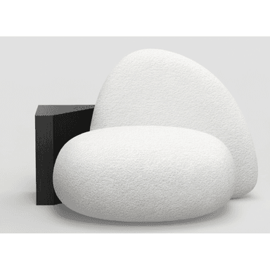 A modern, abstract sofa with organic, rounded forms. It features two large, pebble-like seating cushions covered in a textured white fabric, positioned in front of a dark, angular wooden structure that suggests a backrest or armrest. The overall design is minimalist and sculptural. — 3D model (AI enhanced source)