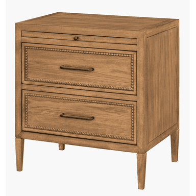 A compact wooden nightstand featuring three drawers, decorative beaded trim on the lower drawers, and tapered legs, finished in a warm, natural wood tone. — 3D model (AI enhanced source)