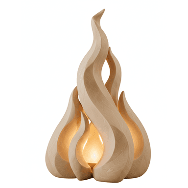 A sculptural table lamp crafted from light-toned natural wood, featuring an organic, flame-like design with multiple ascending, sinuous elements. An internal light source emits a warm, diffused glow. — 3D model (AI enhanced source)