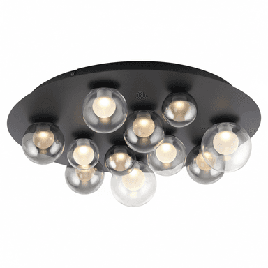 A modern semi-flush ceiling fixture featuring a circular black metal base from which ten spherical glass shades extend. The shades are a mix of clear and smoked glass, each containing an illuminated bulb, creating a clustered, decorative lighting arrangement. — 3D model (AI enhanced source)
