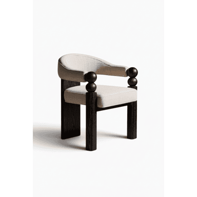 A contemporary armchair featuring a light-colored, textured upholstered seat and a curved backrest that flows into integrated armrests. The frame consists of dark, possibly ebonized, wooden block legs and prominent spherical wooden elements that form part of the armrest supports. The design is modern with sculptural details. — 3D model (AI enhanced source)