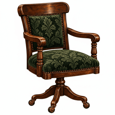 A traditional style swivel desk chair featuring a dark stained carved wood frame and dark green patterned fabric upholstery. The chair includes rolled arms with turned supports, a padded back and seat, and is accented with brass nailhead trim. It rests on a five-star base equipped with hooded brass casters, allowing for mobility and swivel functionality. — 3D model (AI enhanced source)