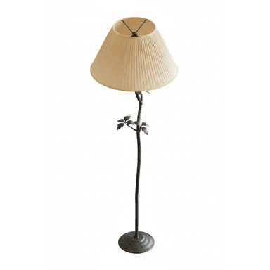 A tall floor lamp featuring a dark-finished metal stem adorned with decorative leaf accents and a stable round base. It is topped with a light-colored, pleated conical fabric lampshade. — 3D model (AI enhanced source)