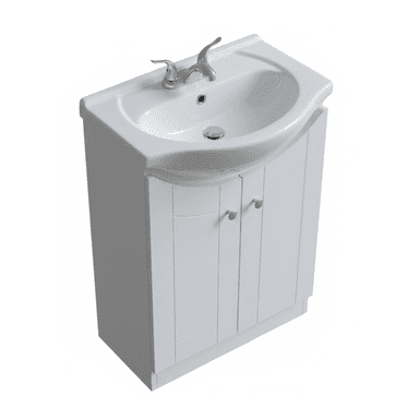 A freestanding bathroom vanity unit featuring a white ceramic basin integrated into a white cabinet with two doors. The basin has a single faucet hole and a chrome faucet. The cabinet doors have a shaker-style panel design and are fitted with round chrome knobs. The base of the unit has a subtle plinth. — 3D model (AI enhanced source)