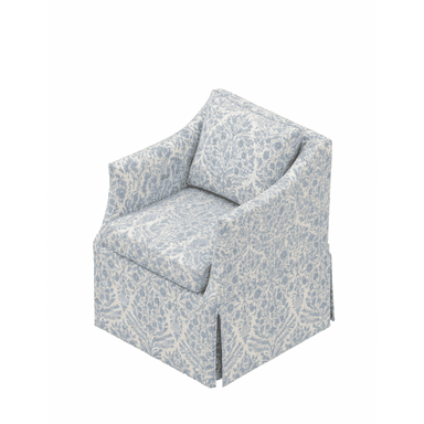 An upholstered armchair featuring a blue and off-white floral pattern, a loose seat cushion, an accent back pillow, and a skirted base. — 3D model (AI enhanced source)
