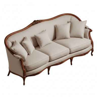 A Louis XVI style sofa featuring an exposed, intricately carved wooden frame with a warm brown finish. The sofa has a slightly curved backrest and elegantly sculpted arms, upholstered in a light beige fabric. It includes three loose seat cushions and five matching loose back cushions. The frame is supported by curved cabriole-style legs, and detailed floral and scroll carvings adorn the top rail and apron. — 3D model (AI enhanced source)
