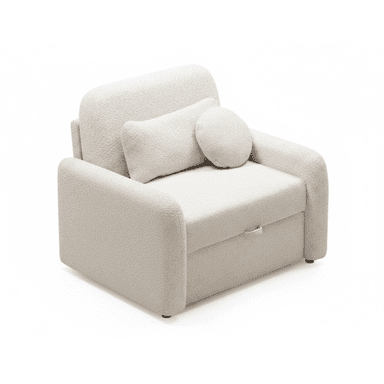 A single-seater upholstered armchair designed to convert into a bed, featuring soft, rounded contours and a textured cream-colored bouclé-style fabric. It includes a visible pull-tab indicating its sleeper function and is accompanied by two matching throw pillows. — 3D model (AI enhanced source)
