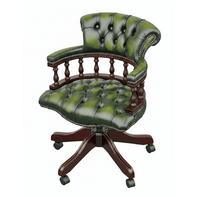 A classic green leather office chair featuring a deep tufted back and seat, traditional turned wooden armrests, and a dark wood five-star swivel base with casters. The leather has a slightly distressed, antique appearance, accented with decorative nailhead trim along the edges of the upholstery and armrests. — 3D model (AI enhanced source)